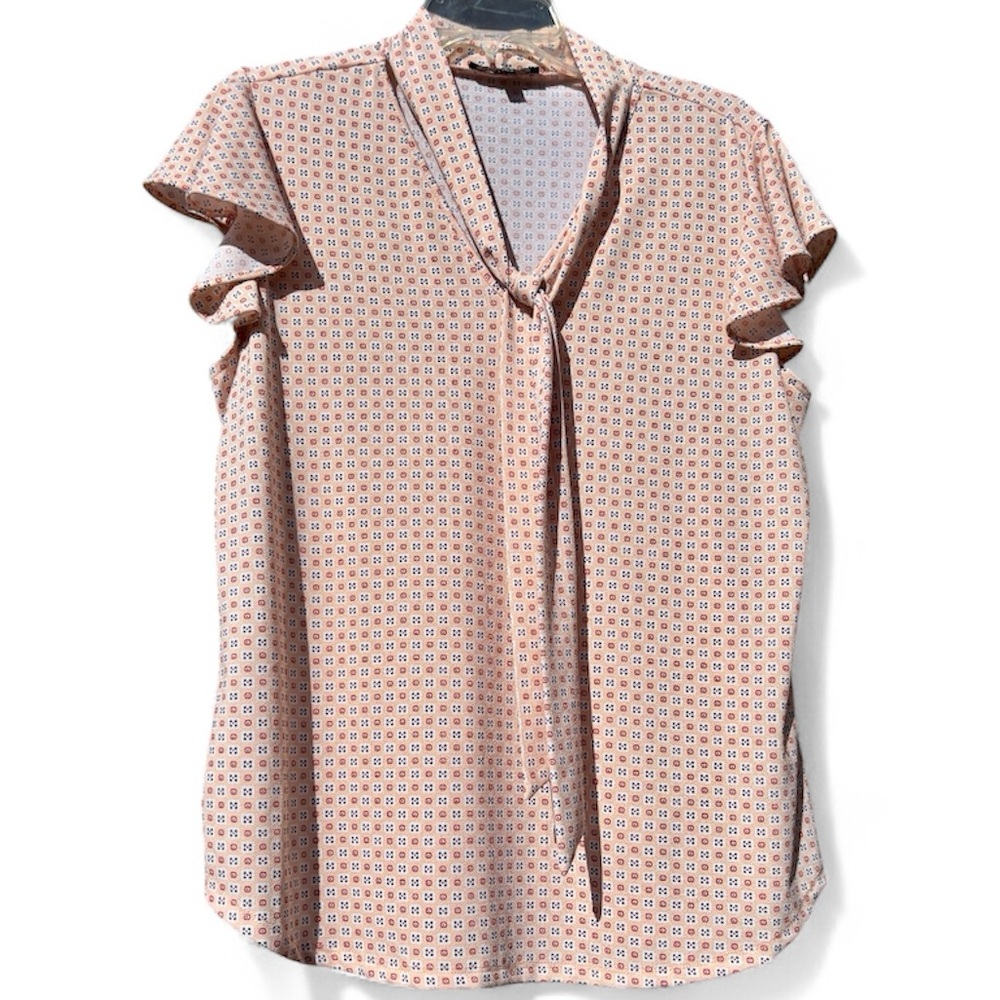 ADRIANNA PAPELL Ladies Peach & Black Geo Print Tie Front Ruffle Sleeves Blouse